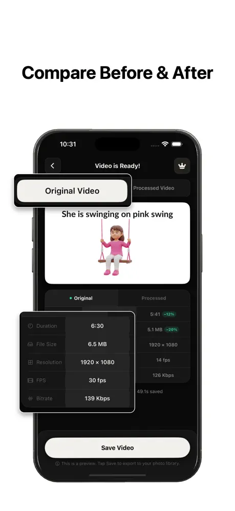 Compare before and after: original vs processed video with duration, file size, and bitrate saved